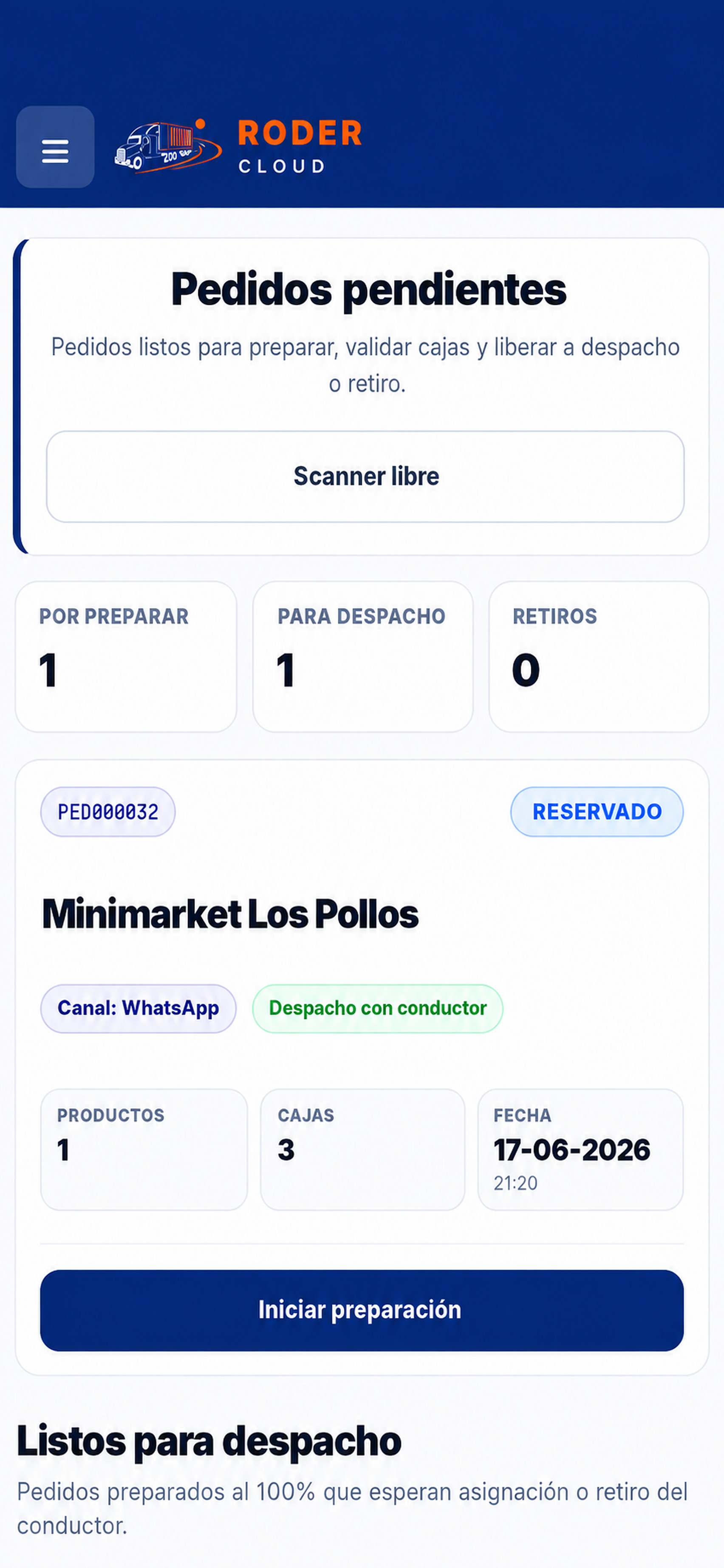 Pantalla real de Roder Cloud para bodega