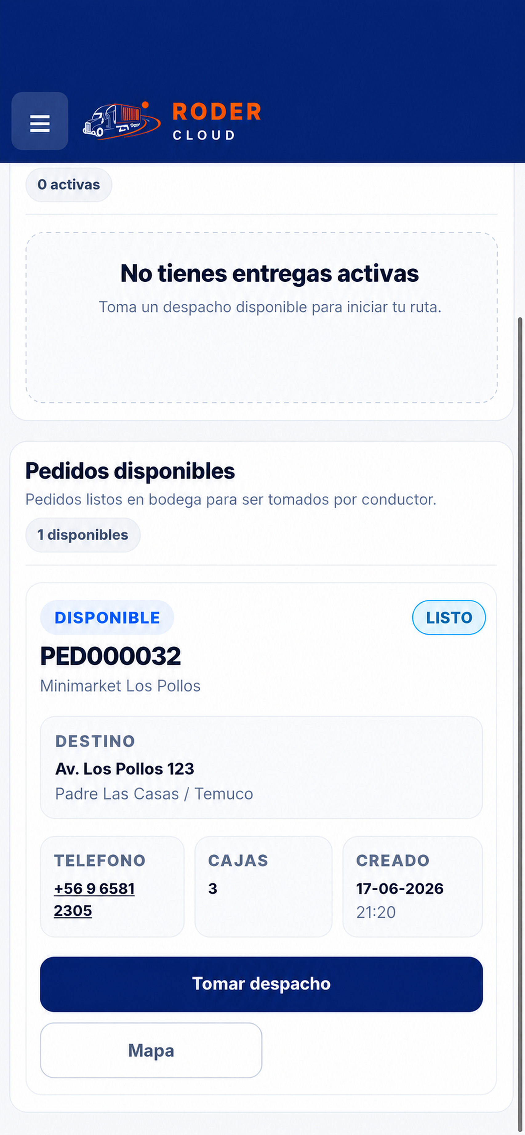Pantalla real de Roder Cloud para conductores