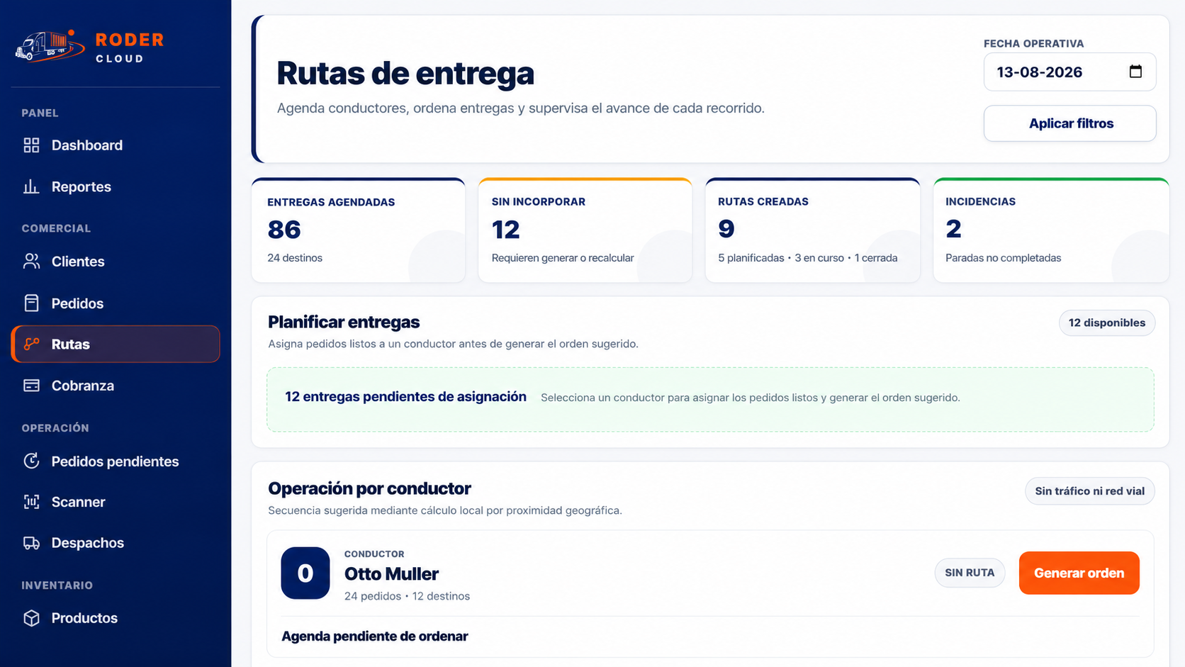 Planificación de rutas y operación por conductor en Roder Cloud
